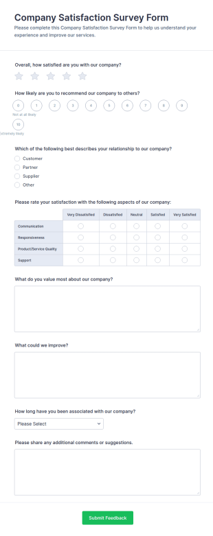 Company Satisfaction Survey Form Template