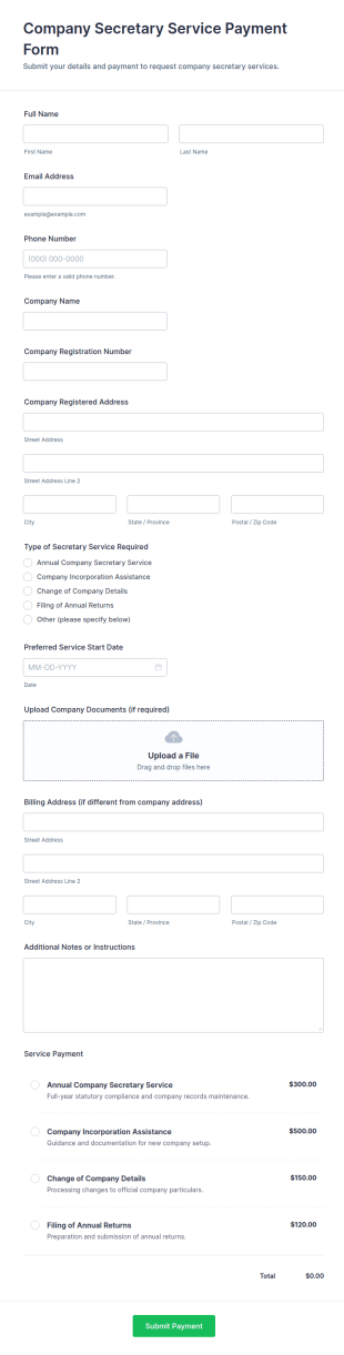 Company Secretary Service Payment Form Template