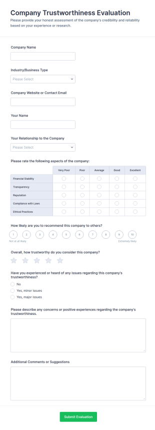 Company Trustworthiness Evaluation Form Template