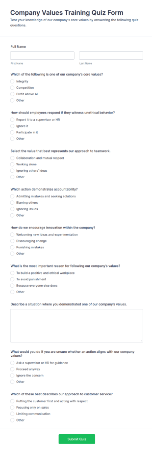 Company Values Training Quiz Form Template