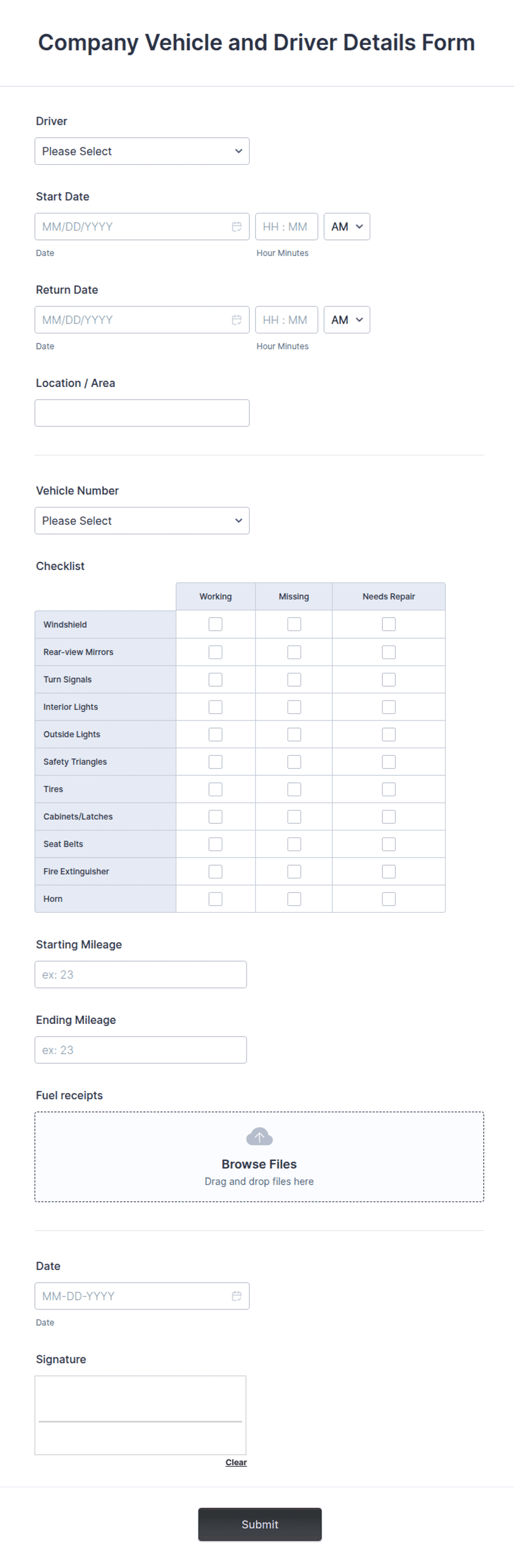 Staff Car Form.pdf Company Vehicle and Driver Details Form Template | Jotform
