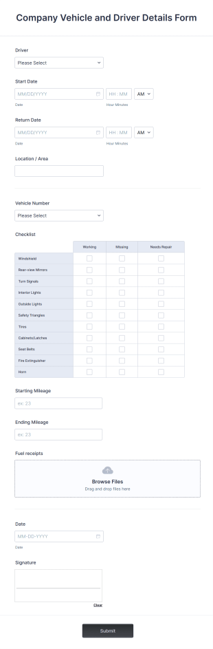 Company Vehicle And Driver Details Form Template