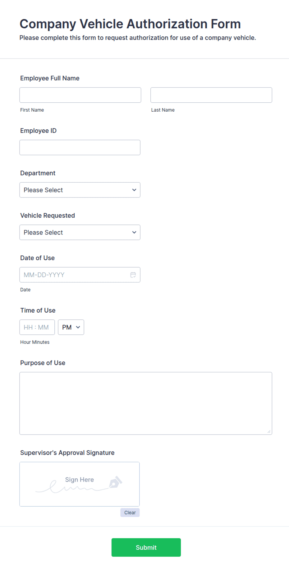 Staff Car Form.pdf Company Vehicle Authorization Form Template | Jotform