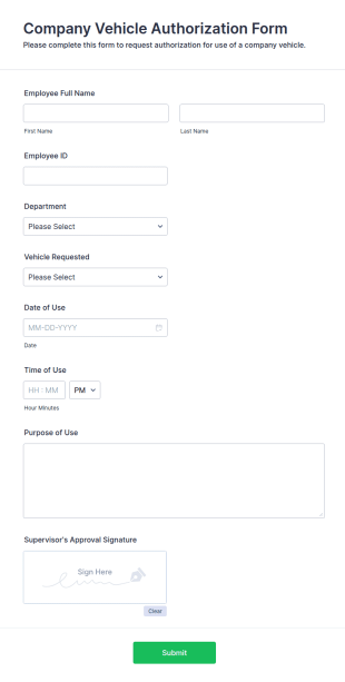 Company Vehicle Authorization Form Template