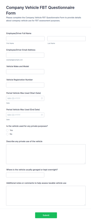 Company Vehicle FBT Questionnaire Form Template