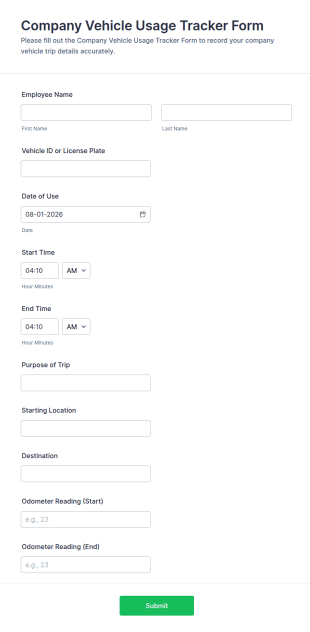 Company Vehicle Usage Tracker Form Template