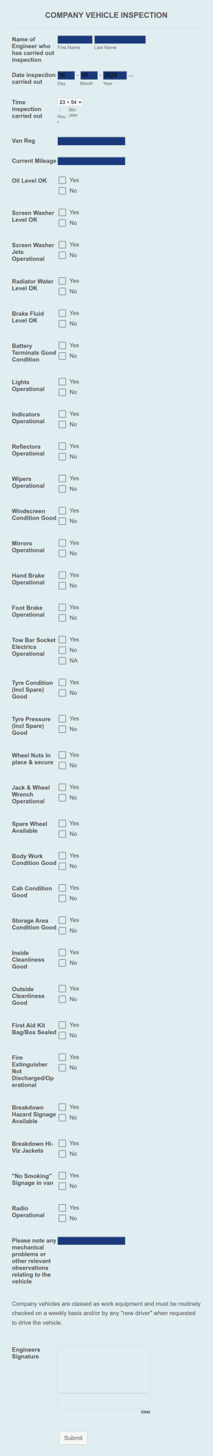 Company Vehicle Weekly Inspection Sheet Form Template