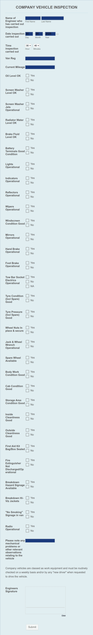 Company Vehicle Weekly Inspection Sheet Form Template
