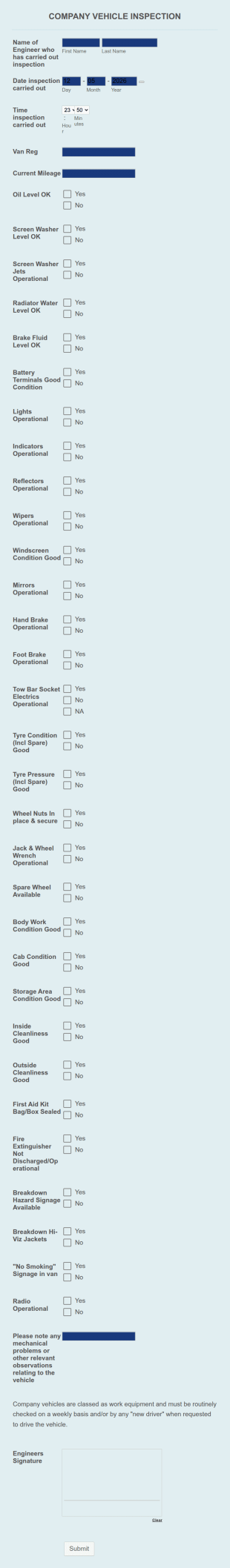 Company Vehicle Weekly Inspection Sheet Form Template
