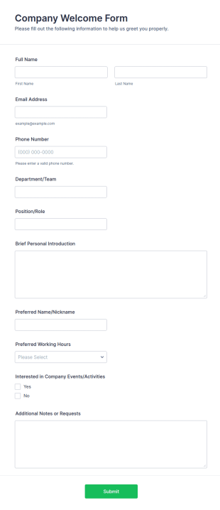 Company Welcome Form Template