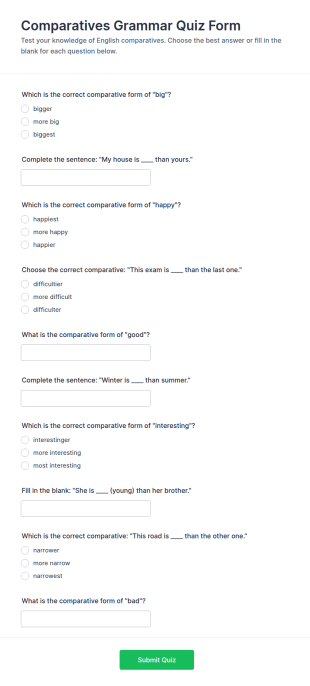 Comparatives Grammar Quiz Form Template