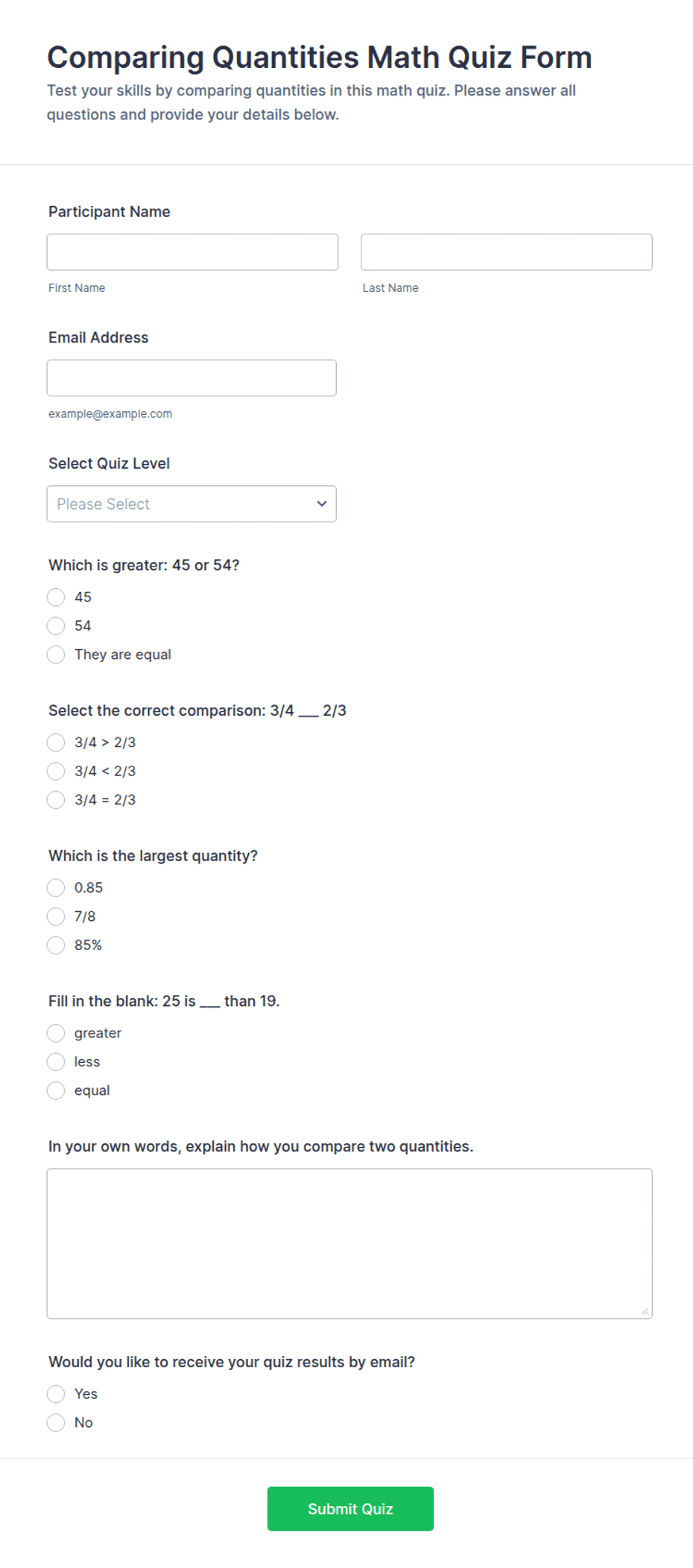 Comparing Quantities Math Quiz Form Template | Jotform