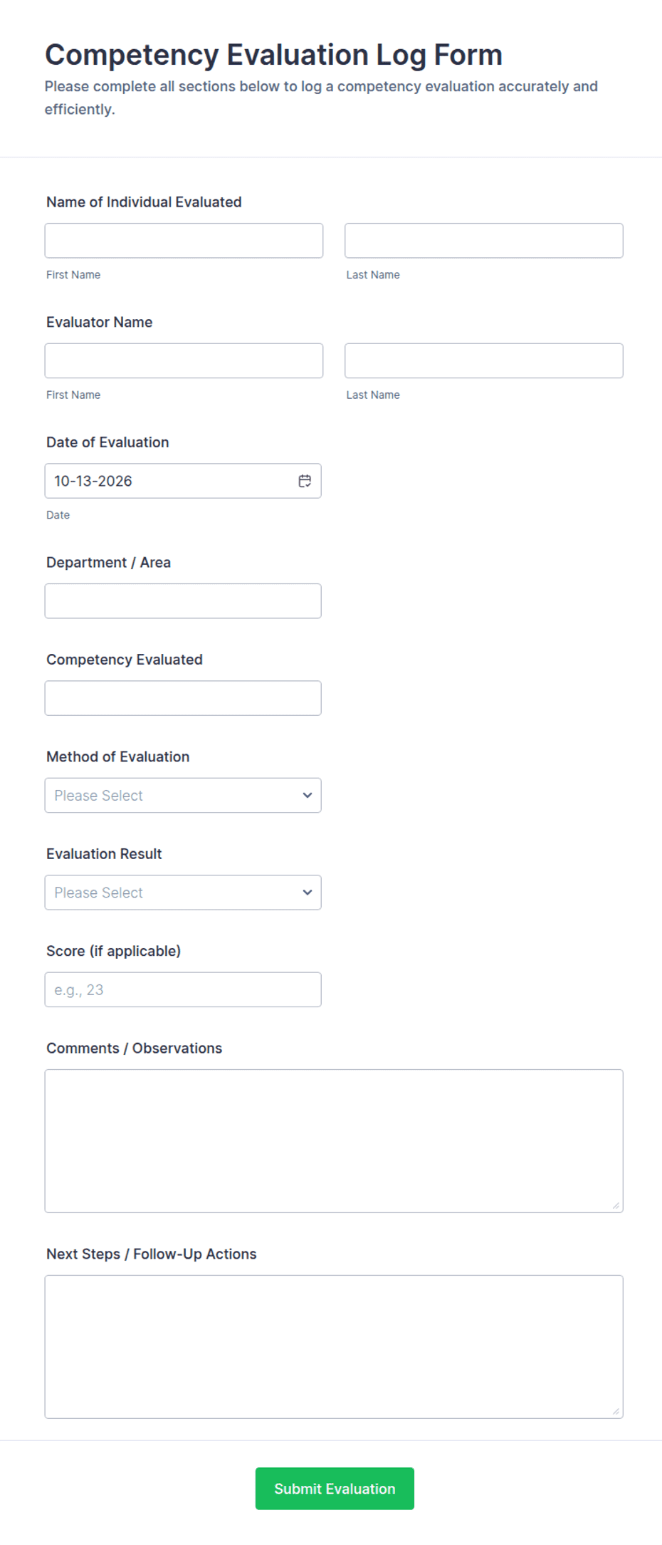 Competency Evaluation Log Form Template | Jotform