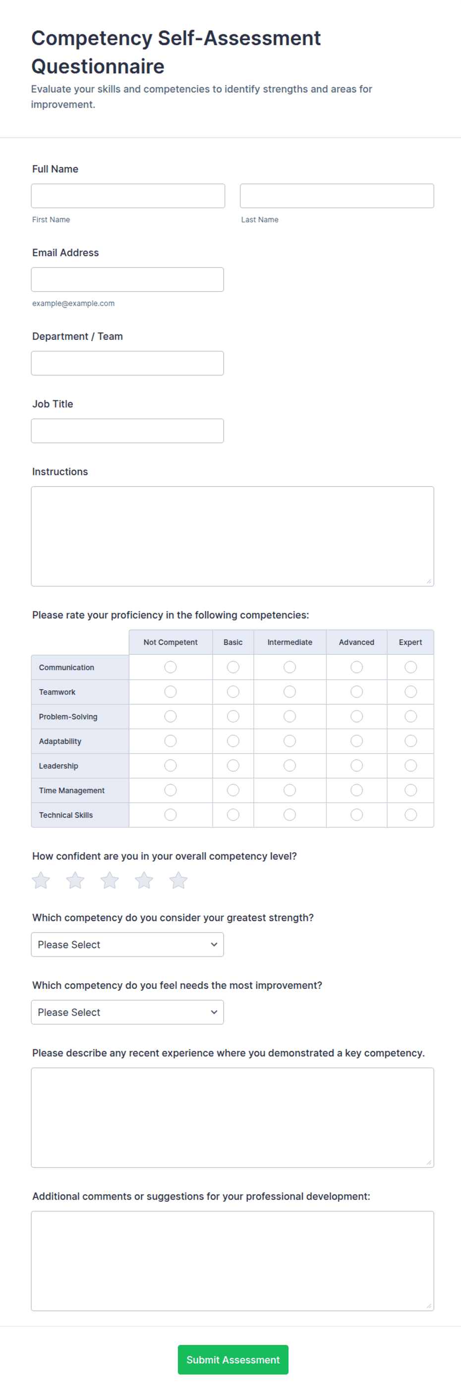 Competency Self-Assessment Questionnaire Form Template | Jotform