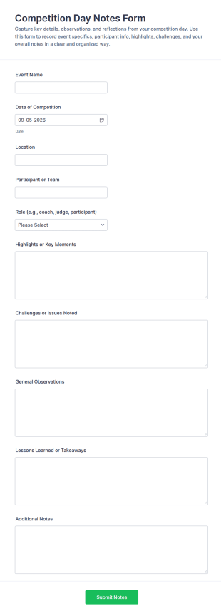 Competition Day Notes Form Template
