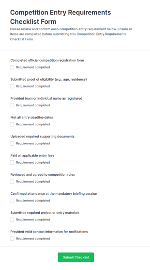 Competition Entry Requirements Checklist Form Template