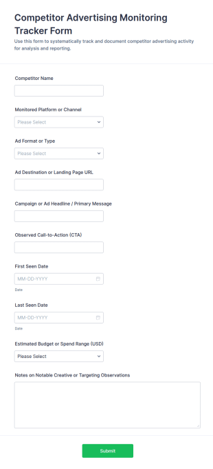 Competitor Advertising Monitoring Tracker Form Template