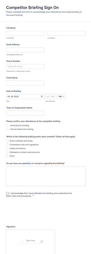 Competitor Briefing Sign On Form Template