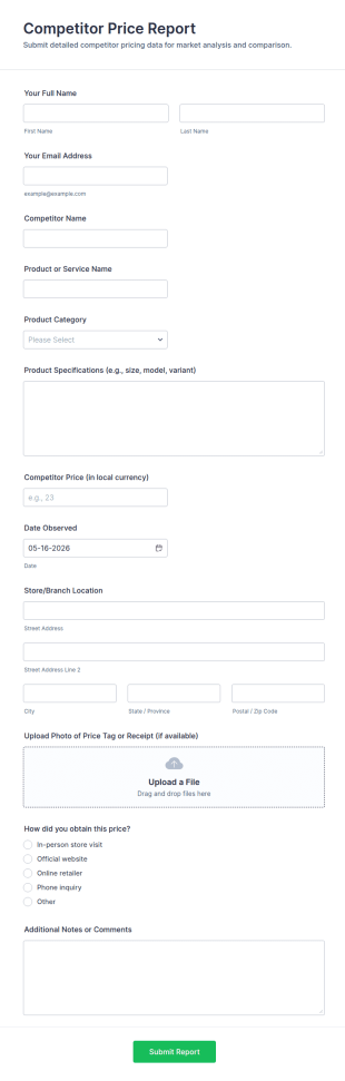 Competitor Price Report Form Template