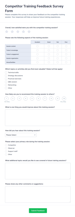 Competitor Training Feedback Survey Form Template