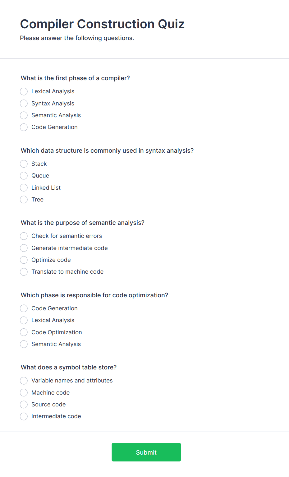 Compiler Construction Quiz Form Template | Jotform