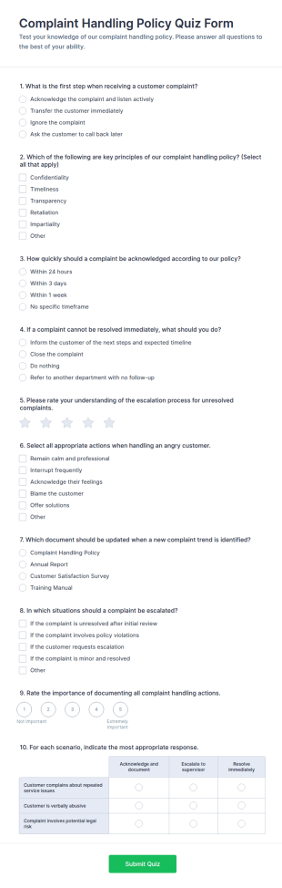 Complaint Handling Policy Quiz Form Template