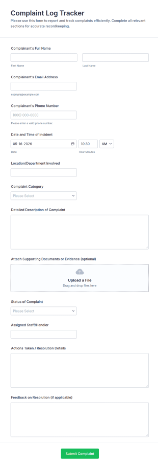 Complaint Log Tracker Form Template