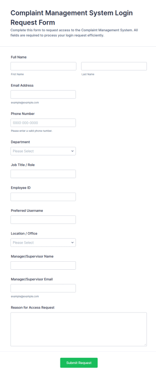 Complaint Management System Login Request Form Template