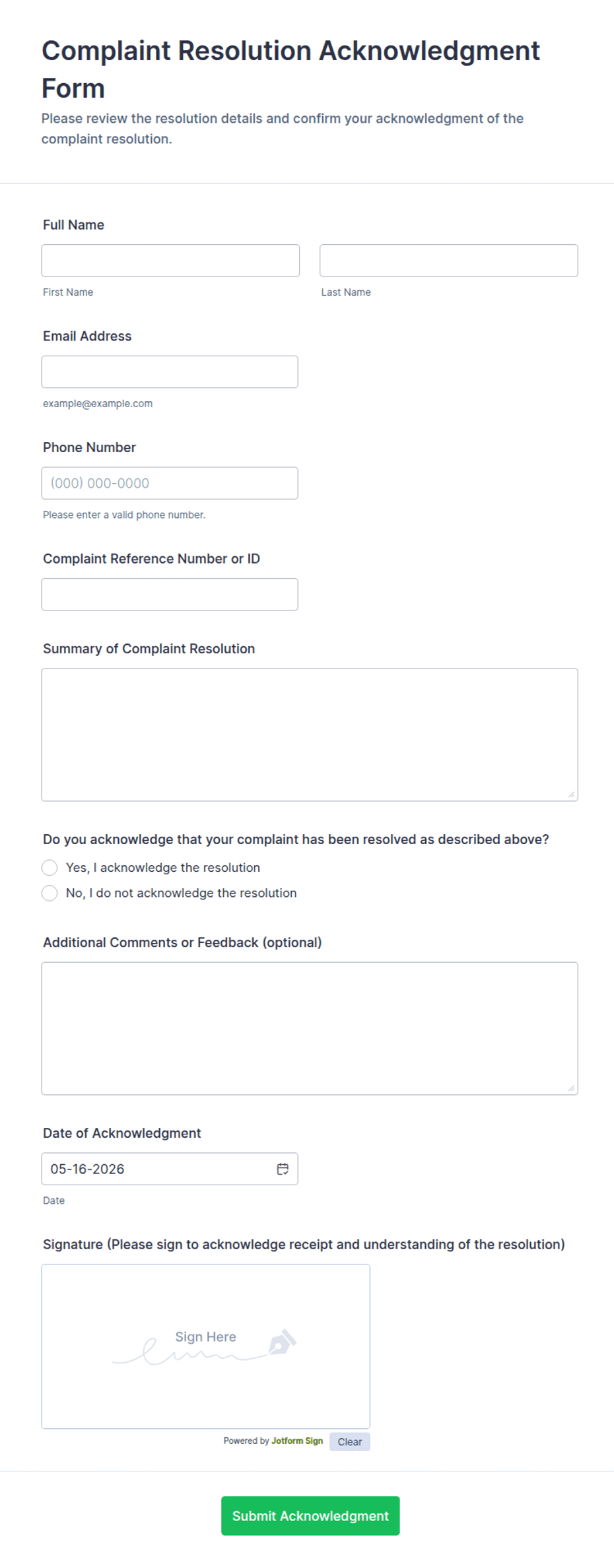 Complant Resolution Complaint Resolution Acknowledgment Form Template | Jotform