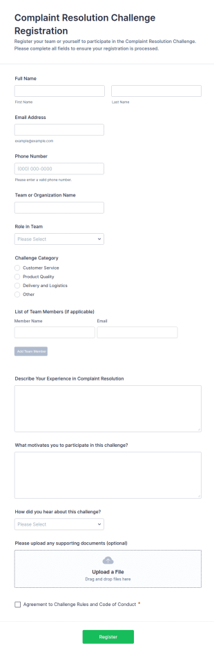 Complaint Resolution Challenge Registration Form Template