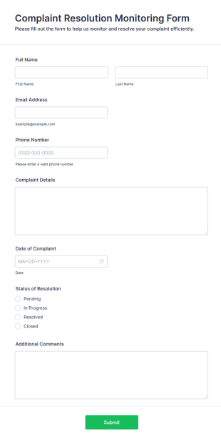 Complaint Resolution Monitoring Form Template