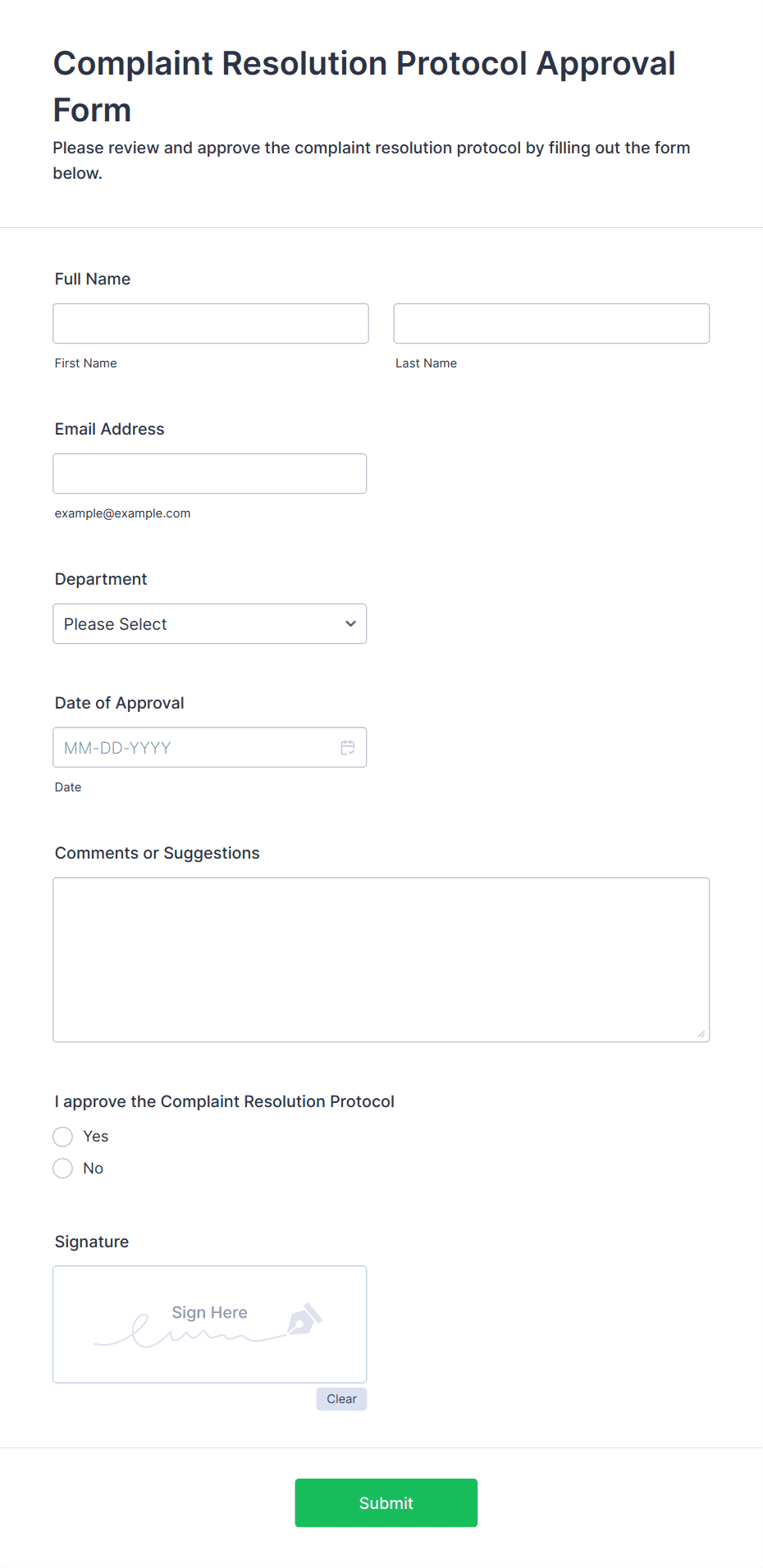 Complaint Resolution Protocol Approval Form Template | Jotform