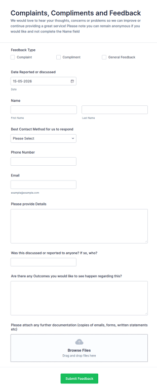 Complaints, Compliments And Feedback Form Template