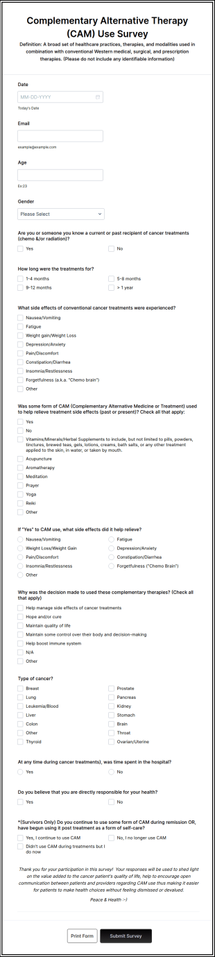 Complementary Alternative Therapy (CAM) Use Survey Form Template