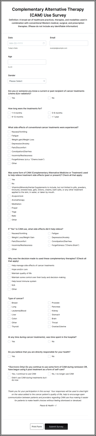 Complementary Alternative Therapy (CAM) Use Survey Form Template