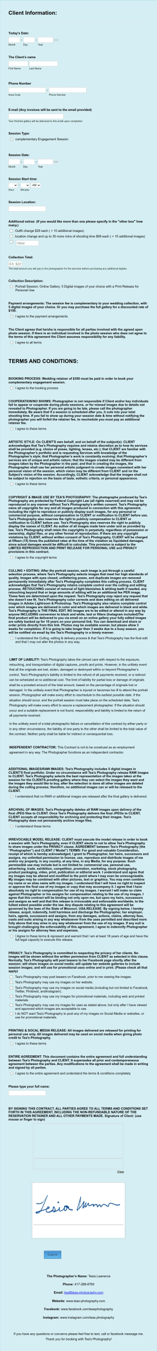 Photography Complementary Agreement Form Template