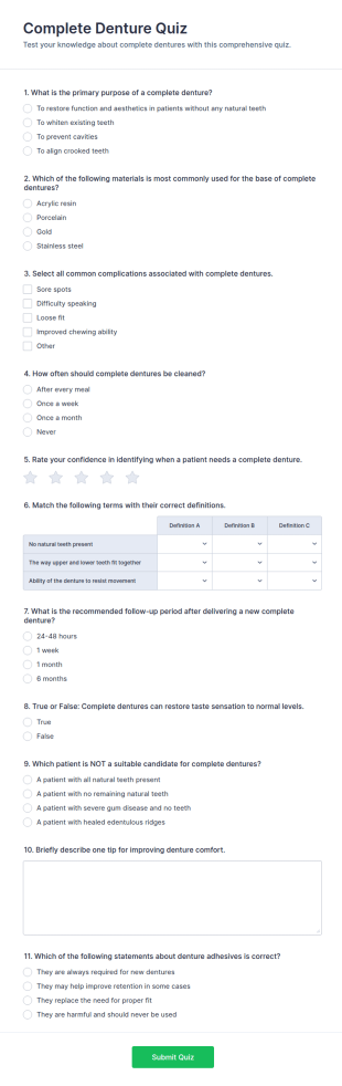 Complete Denture Quiz Form Template