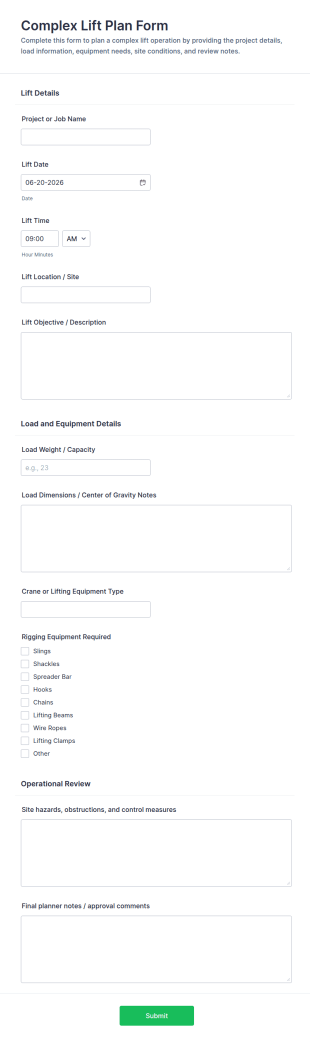 Complex Lift Plan Form Template