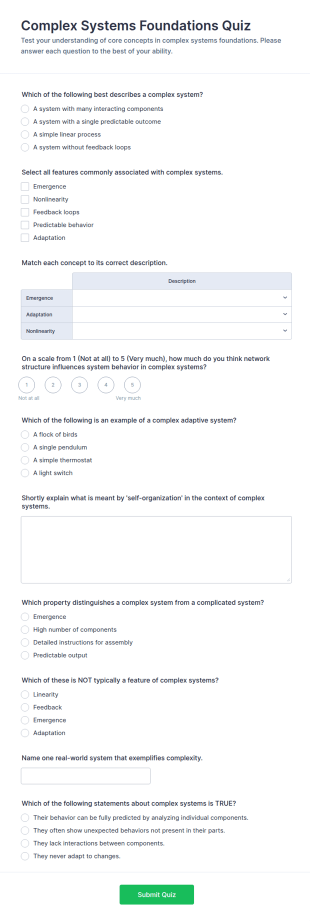 Complex Systems Foundations Quiz Form Template