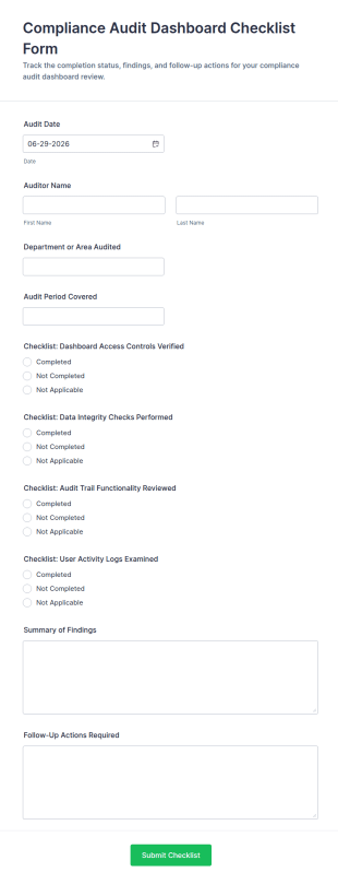 Compliance Audit Dashboard Checklist Form Template