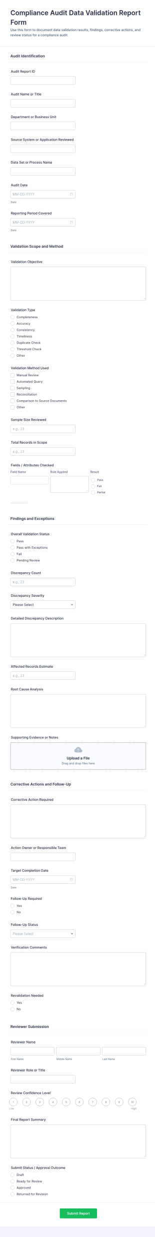 Compliance Audit Data Validation Report Form Template