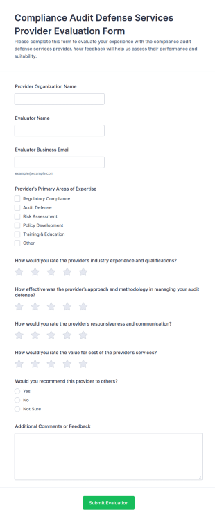 Compliance Audit Defense Services Provider Evaluation Form Template