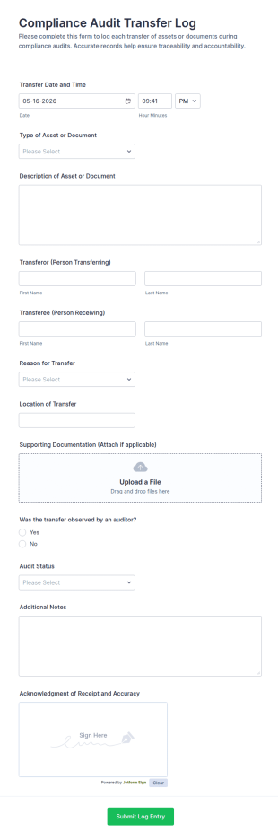 Compliance Audit Transfer Log Form Template