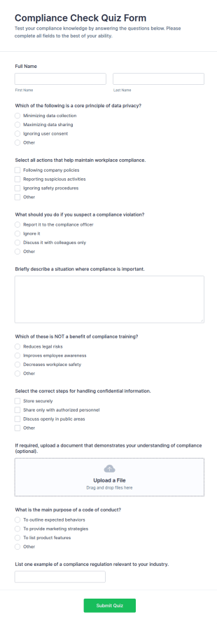 Compliance Check Quiz Form Template