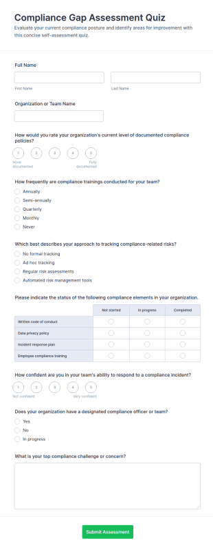 Compliance Gap Assessment Quiz Form Template