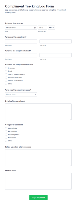 Compliment Tracking Log Form Template