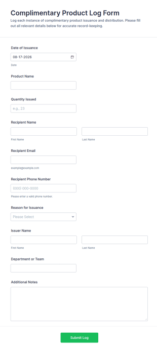 Complimentary Product Log Form Template