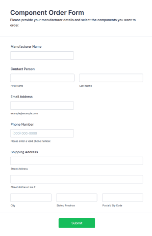 Component Order Form For Manufacturers