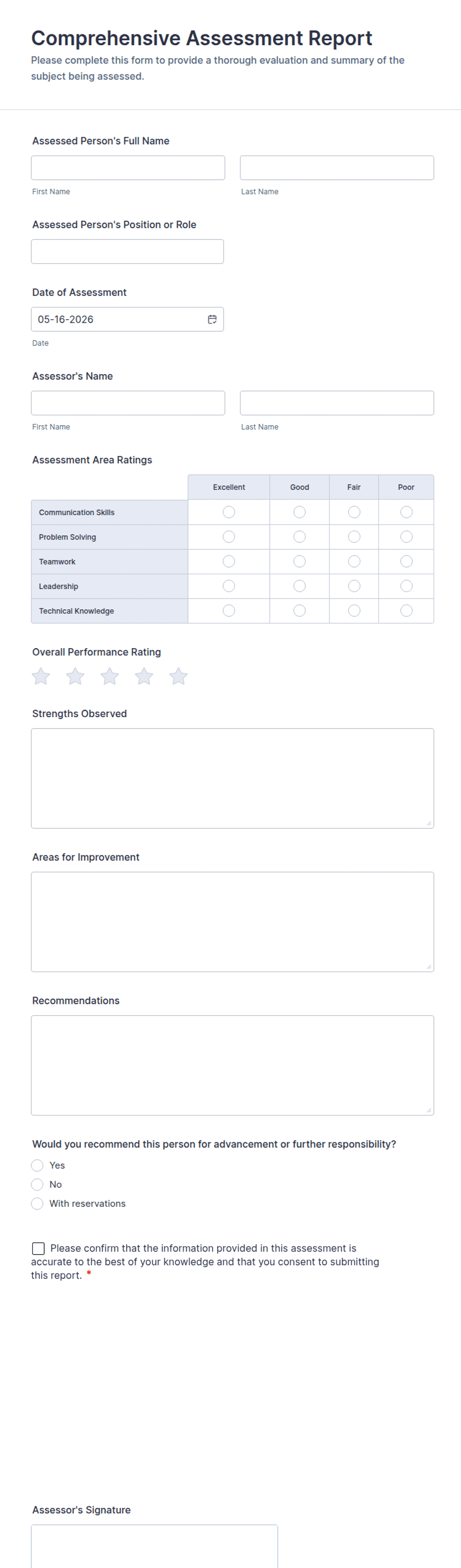 Comprhensive Analysis Report Example Comprehensive Assessment Report Form Template | Jotform