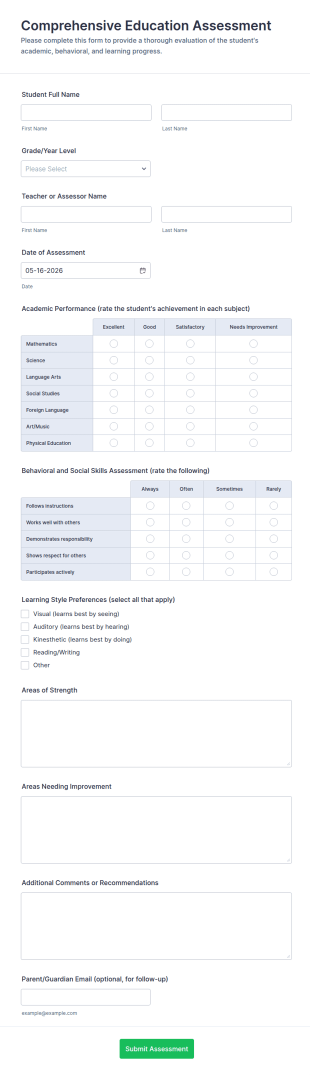 Comprehensive Education Assessment Form Template